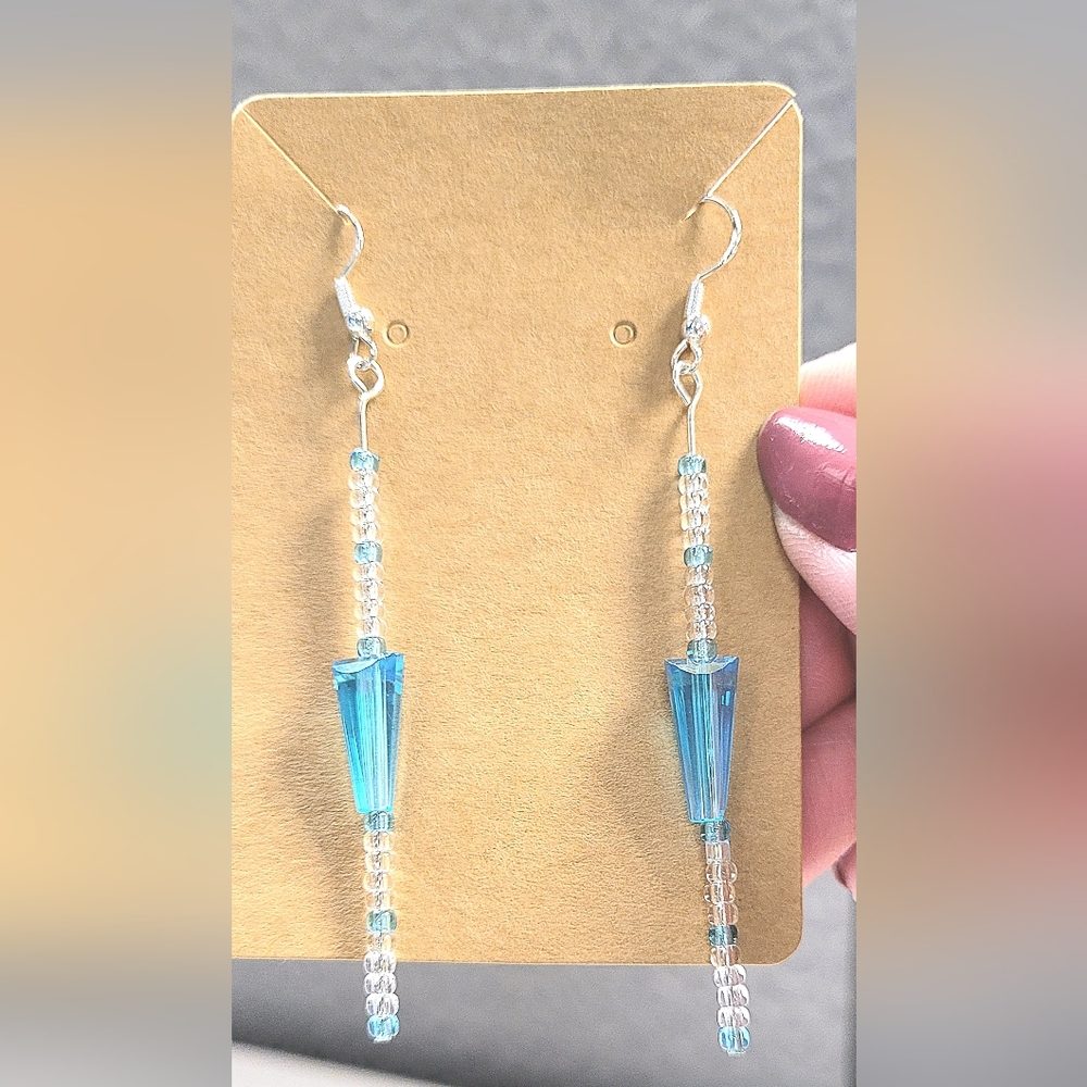 Bold blue and clear dangle earrings - Handmade